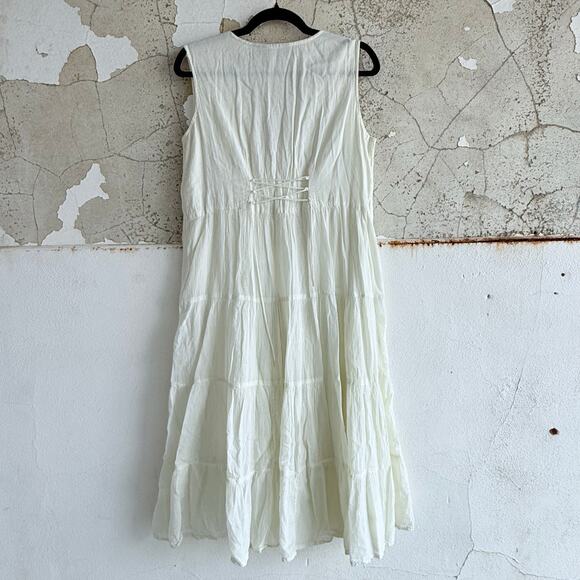 Vtg Boho Midi Dress Embroidered Tiered Crinkle Cotton Gauze Corset Cottagecore L - Picture 7 of 8